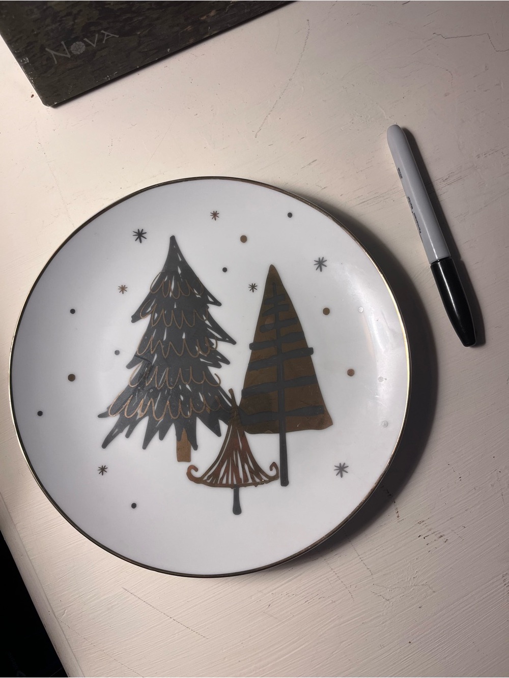 Better Homes And Gardens White Serving Plate with Gold and Gray Trees